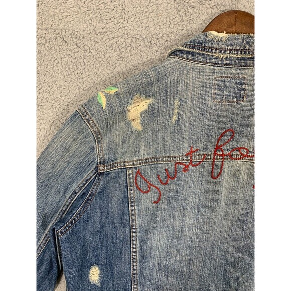 American Eagle (M) Blue Jean Denim Jacket Floral Wearable Art Distressed Pockets - Picture 15 of 16